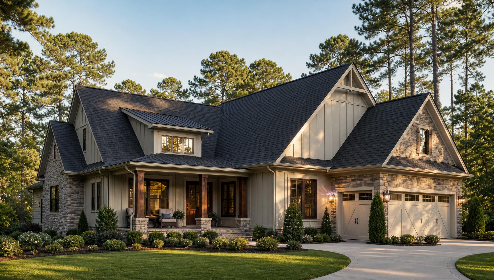 Modern Alpharetta home with a durable architectural shingle roof, Georgia pines, and warm afternoon light